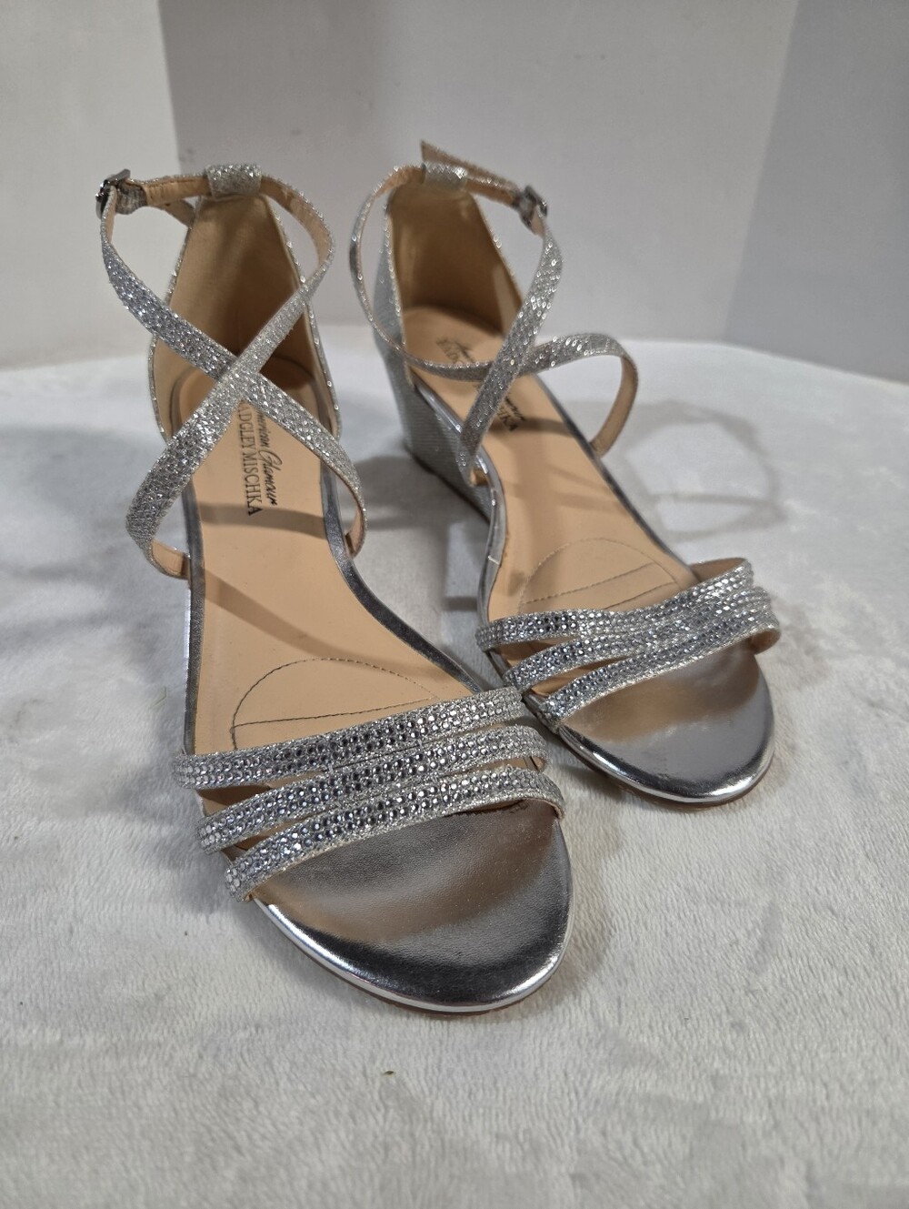 Badgley Mischka Silver Crystal Wedge Sandals - Women